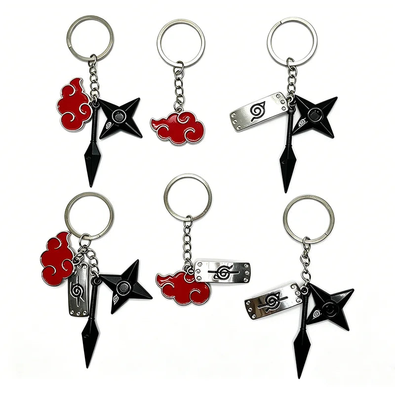 Anime Ninja Red Cloud Keychain Metal Kunai Shuriken Leaf Mark Headband