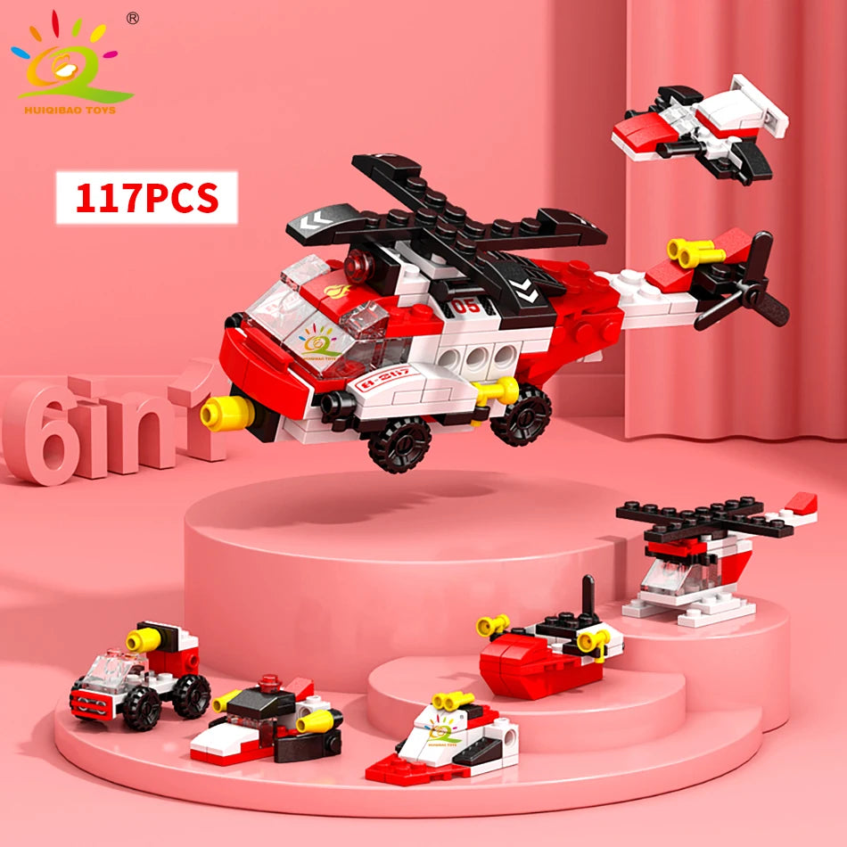 HUIQIBAO 6IN1 City Engineering Car Police Truck Building Blocks Tank Helicopter
