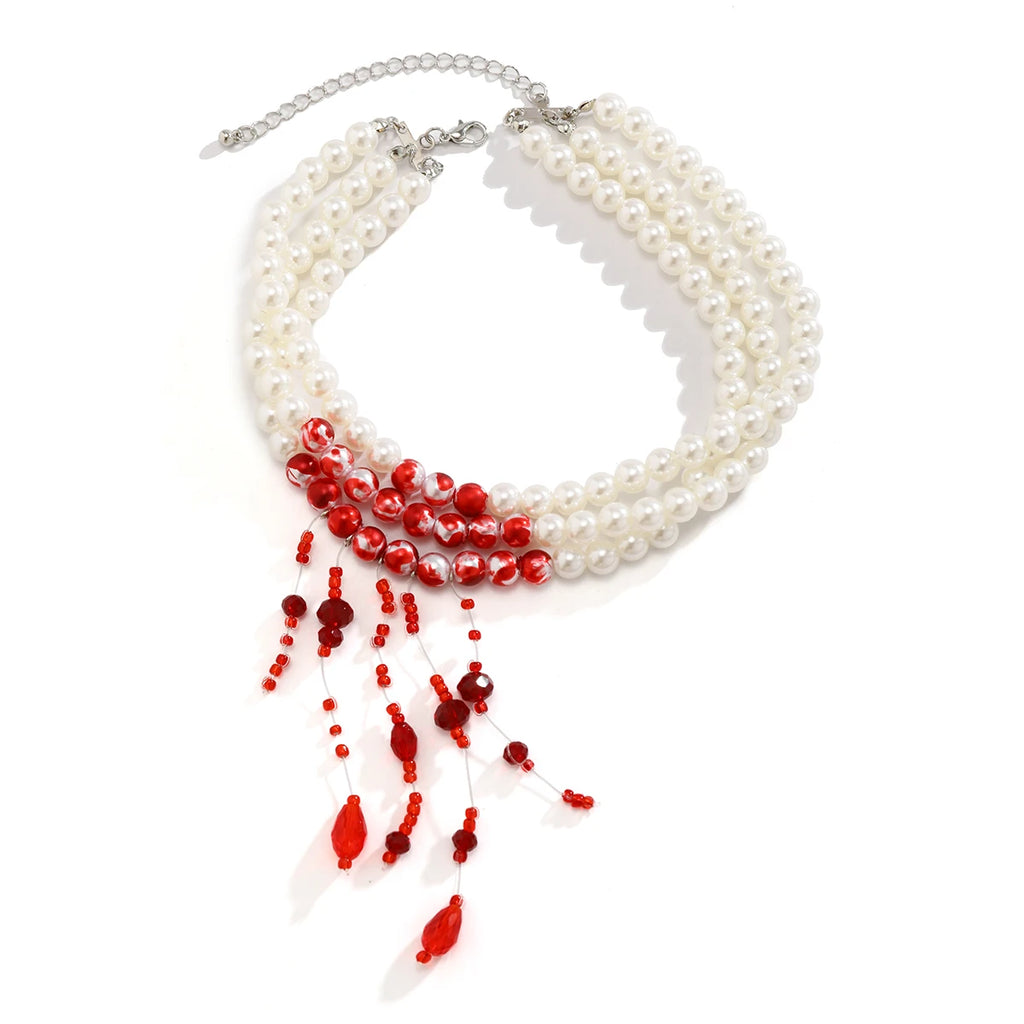 Multilayer Vintage Red Blood Pattern Tassel Necklace
