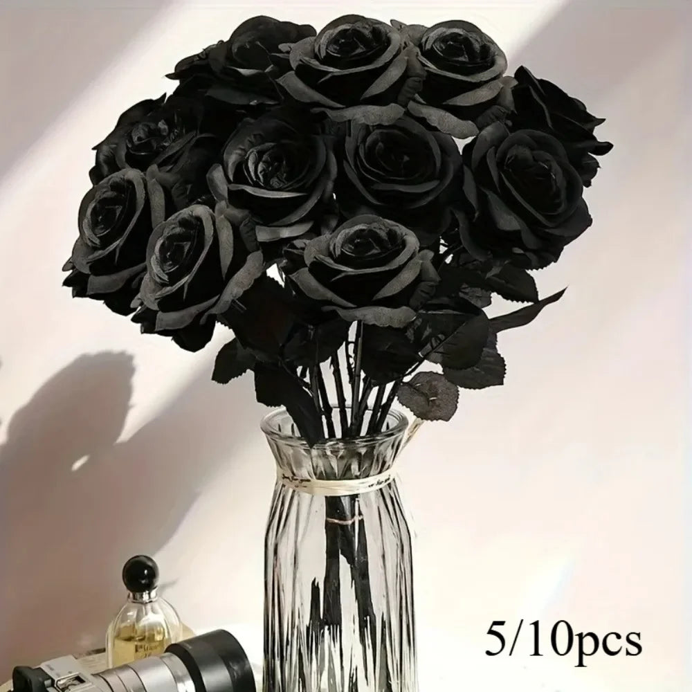 5 10pcs Artificial Black Roses Home Decor Long Stem Fake Flowers No Vase