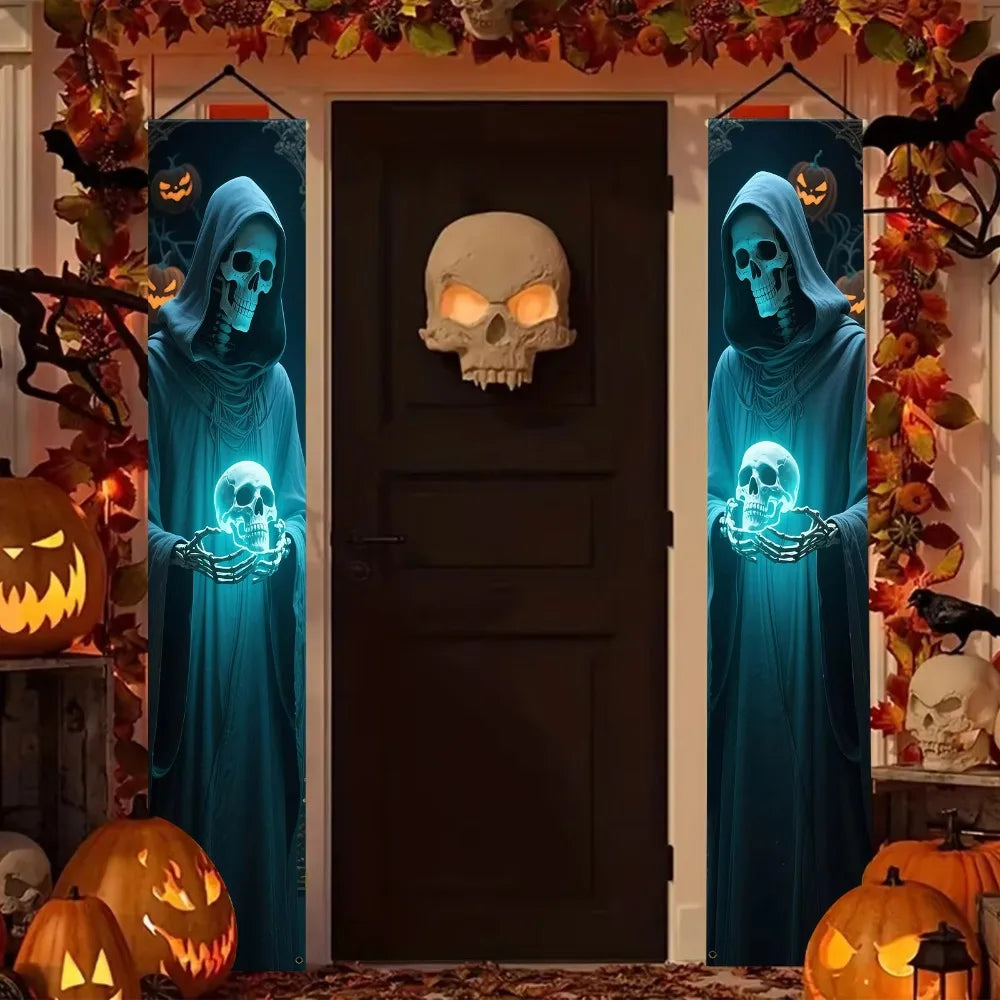 A pair Halloween decorative banners polyester skull figure design door wall