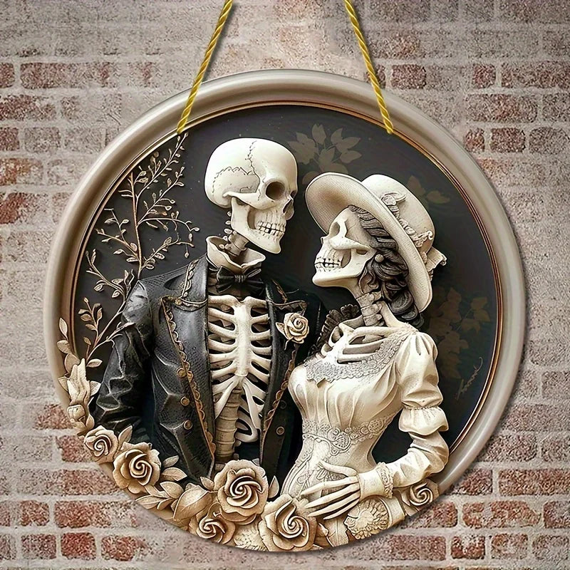 1pc 2D flat round wooden hanging plaque rustic skull couple pattern holiday