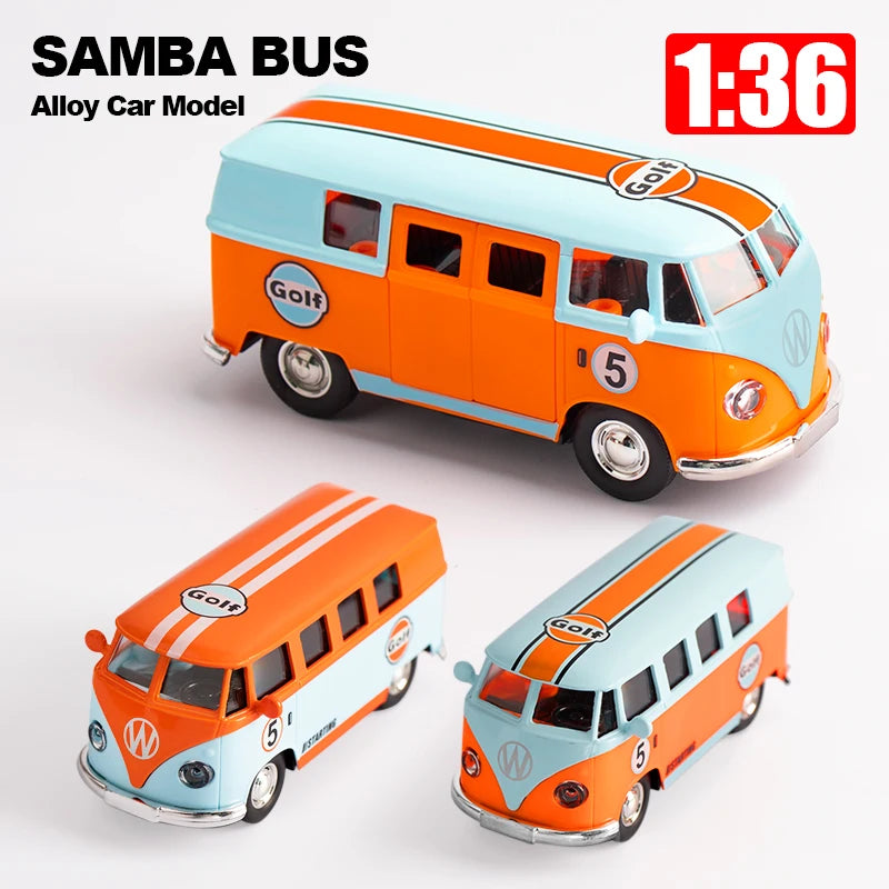 1:36 Bus Transporter Van Gulf Blue Alloy Diecast Model Volkswagen T1 Samba