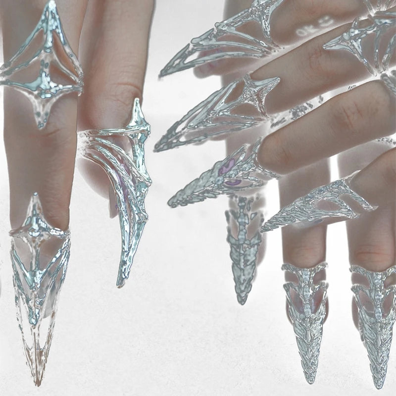 Punk Metal Nail Cover Bone Ring Gothic Rock Machinery Manicure Fingertip Ring Multilayer Finger Rings Cosplay Jewelry Set Gift