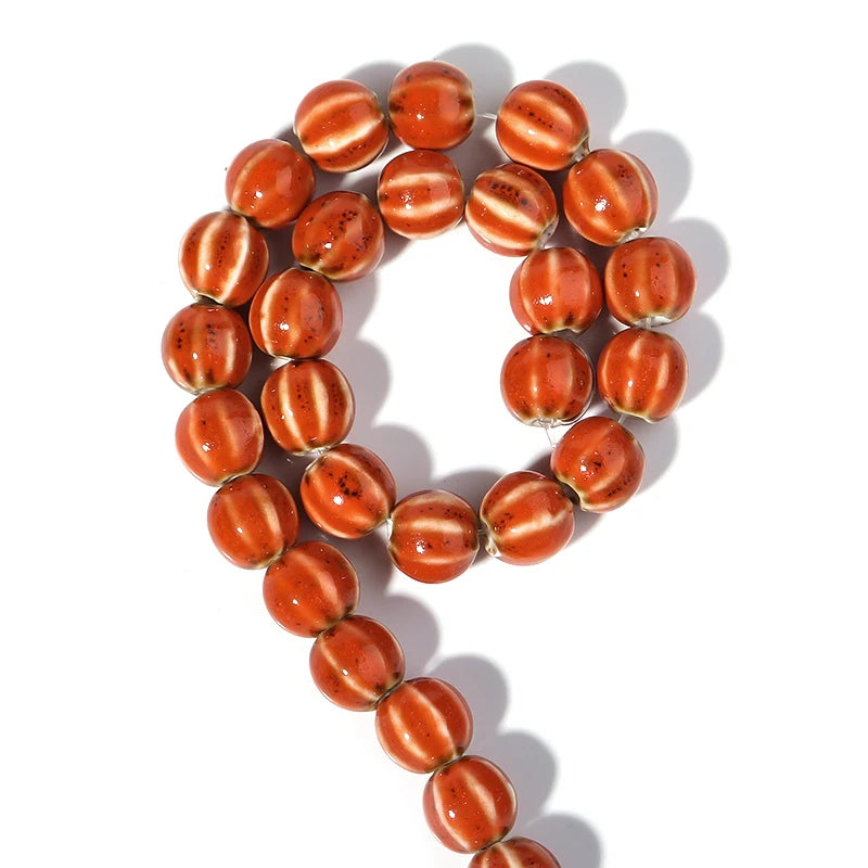 1 Strand Pumpkin Shape Stripe Ceramics Beads Colorful Floral Glaze Beads