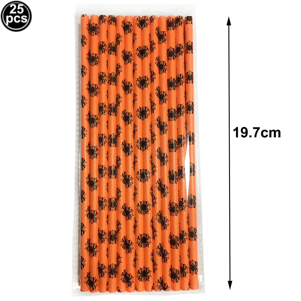 25 50 100pcs Halloween Theme Disposable Paper Straws Spider Skull Pumpkin