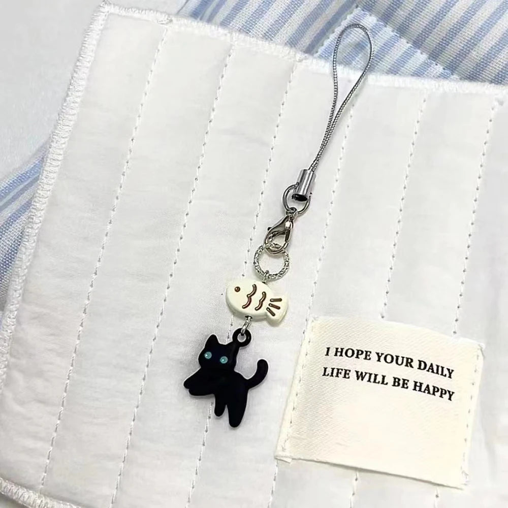 Cute Black Cat Keychain Cartoon Mobile Phone Charm