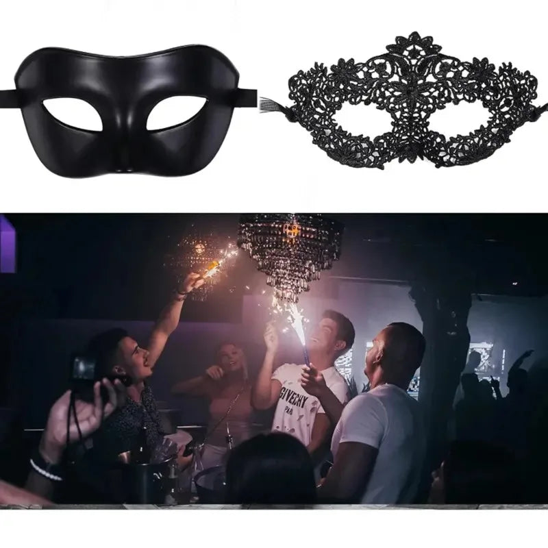 2pcs Elegant Black Lace Masquerade Mask Set Couples Venetian Party Mardi Gras