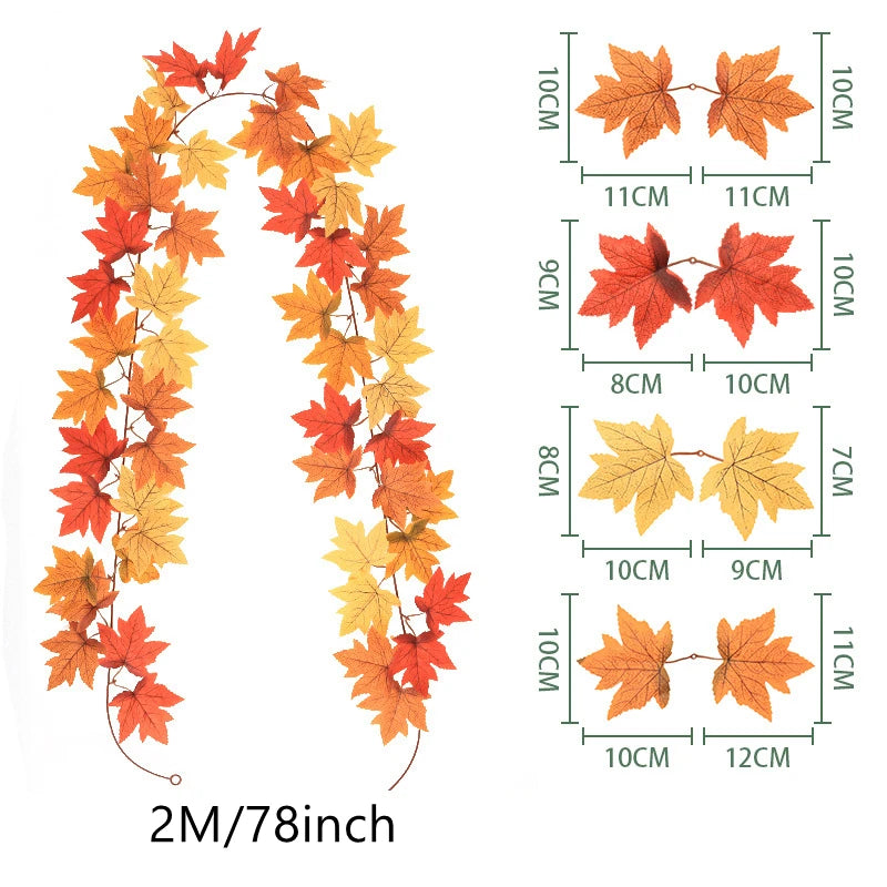200CM Autumn Artificial Maple Leaf Wreath Fake Leaf Plant Vine Home