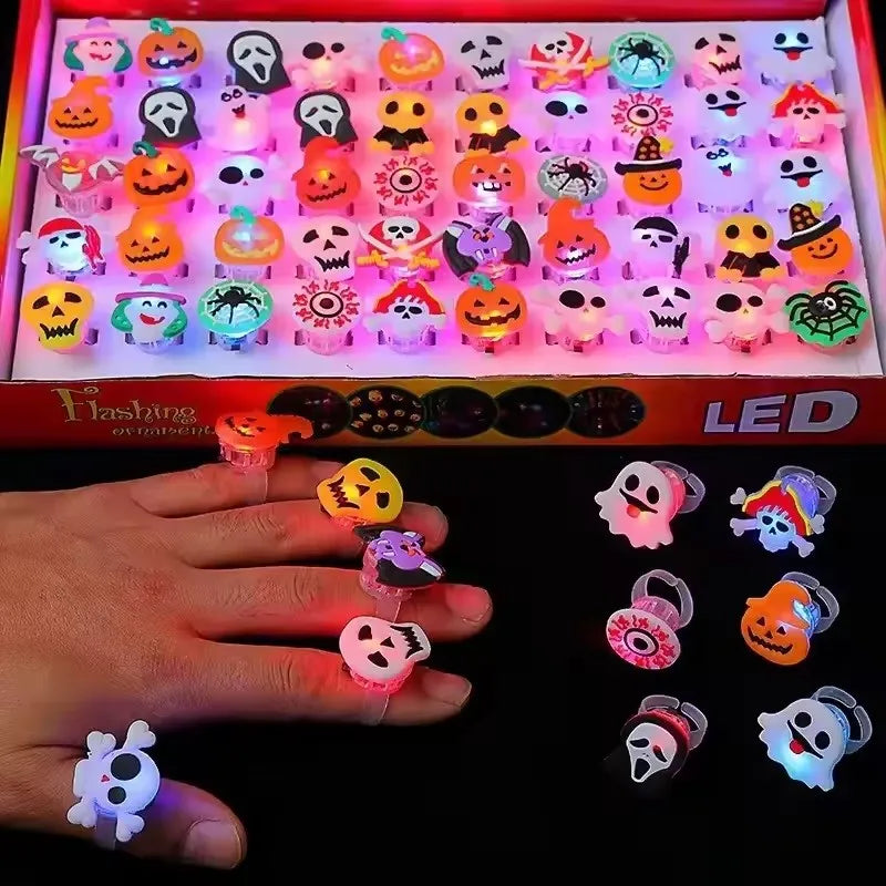20 50pc Halloween LED Light Up Rings Toys Horror Pumpkin Ghost Spider Glow