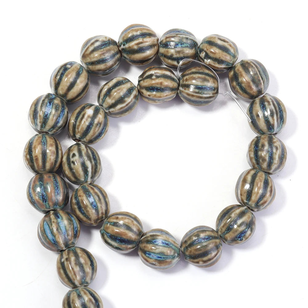 1 Strand Pumpkin Shape Stripe Ceramics Beads Colorful Floral Glaze Beads