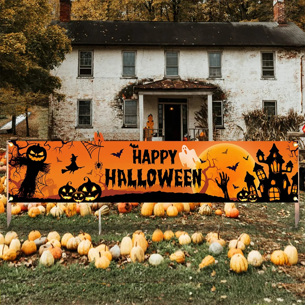 Happy Halloween Outdoor Banner Halloween Decoration Home Pumpkin Bat Print