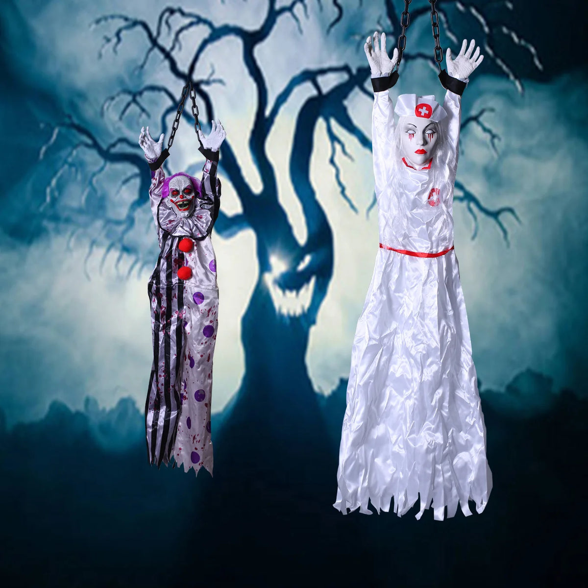 Halloween Animatronics Decoration Hanging Clown Nurse Voice Control Electric
