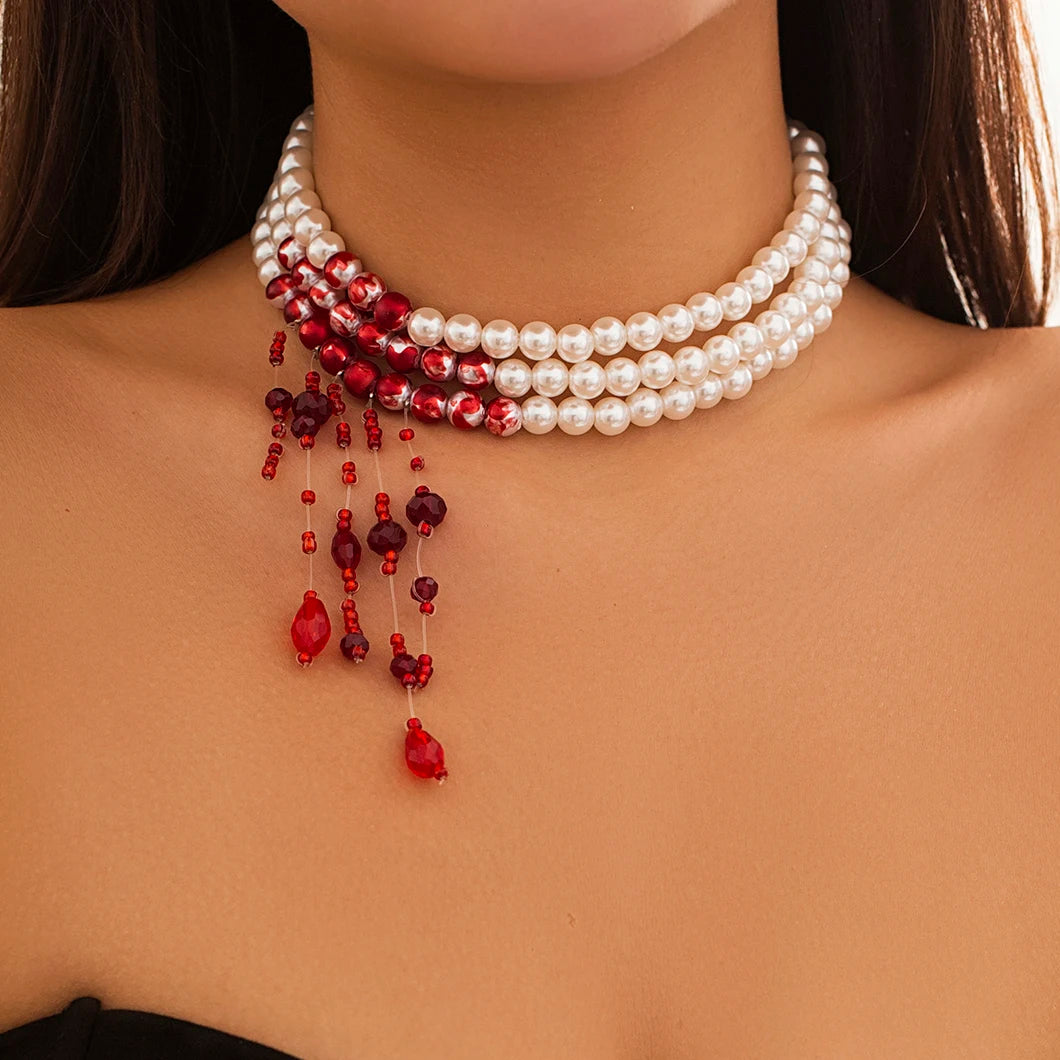 Multilayer Vintage Red Blood Pattern Tassel Necklace