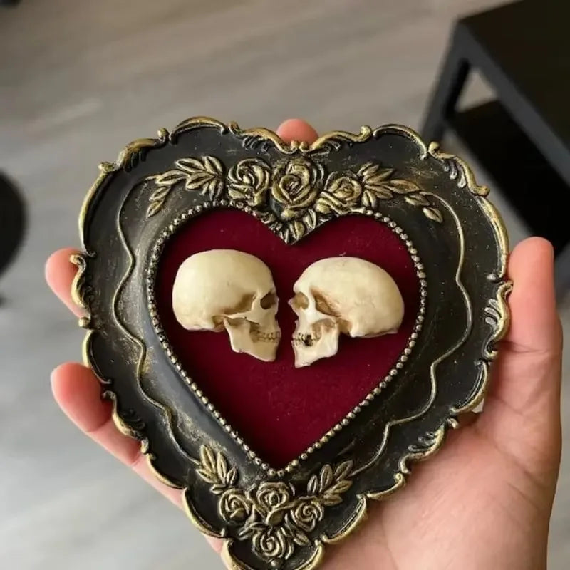 Framed Miniature Realistic Human Skulls Romantic Love Resin Skull Ornament