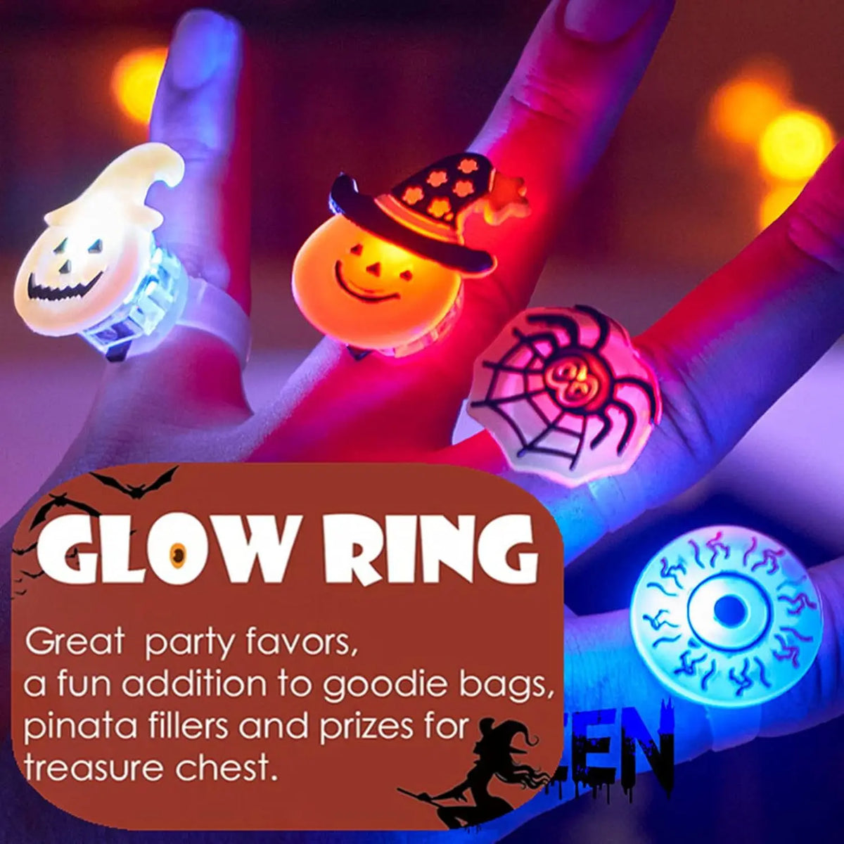 20 50pc Halloween LED Light Up Rings Toys Horror Pumpkin Ghost Spider Glow