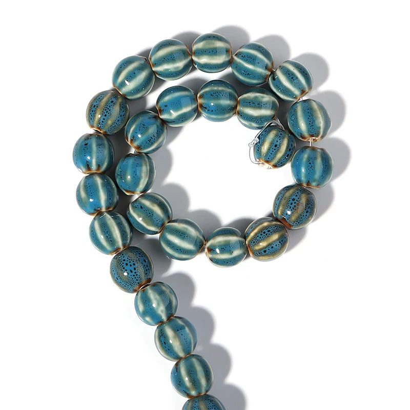 1 Strand Pumpkin Shape Stripe Ceramics Beads Colorful Floral Glaze Beads