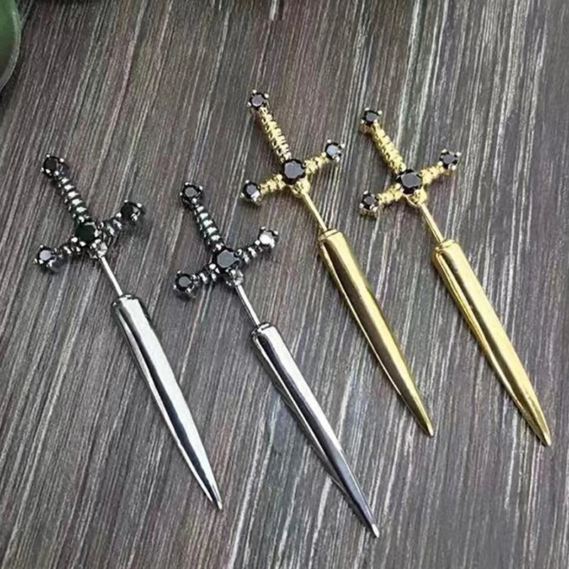 Hip Hop Cross Sword Stud Earrings Women Crystal