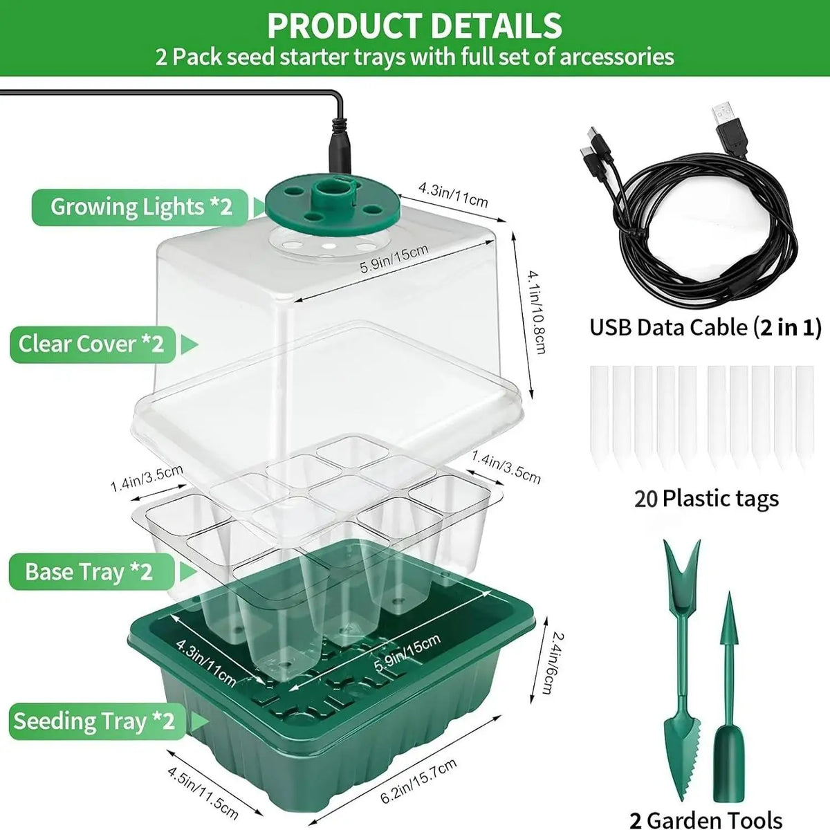 Seed Starter Tray Grow Light Humidity Dome Kit