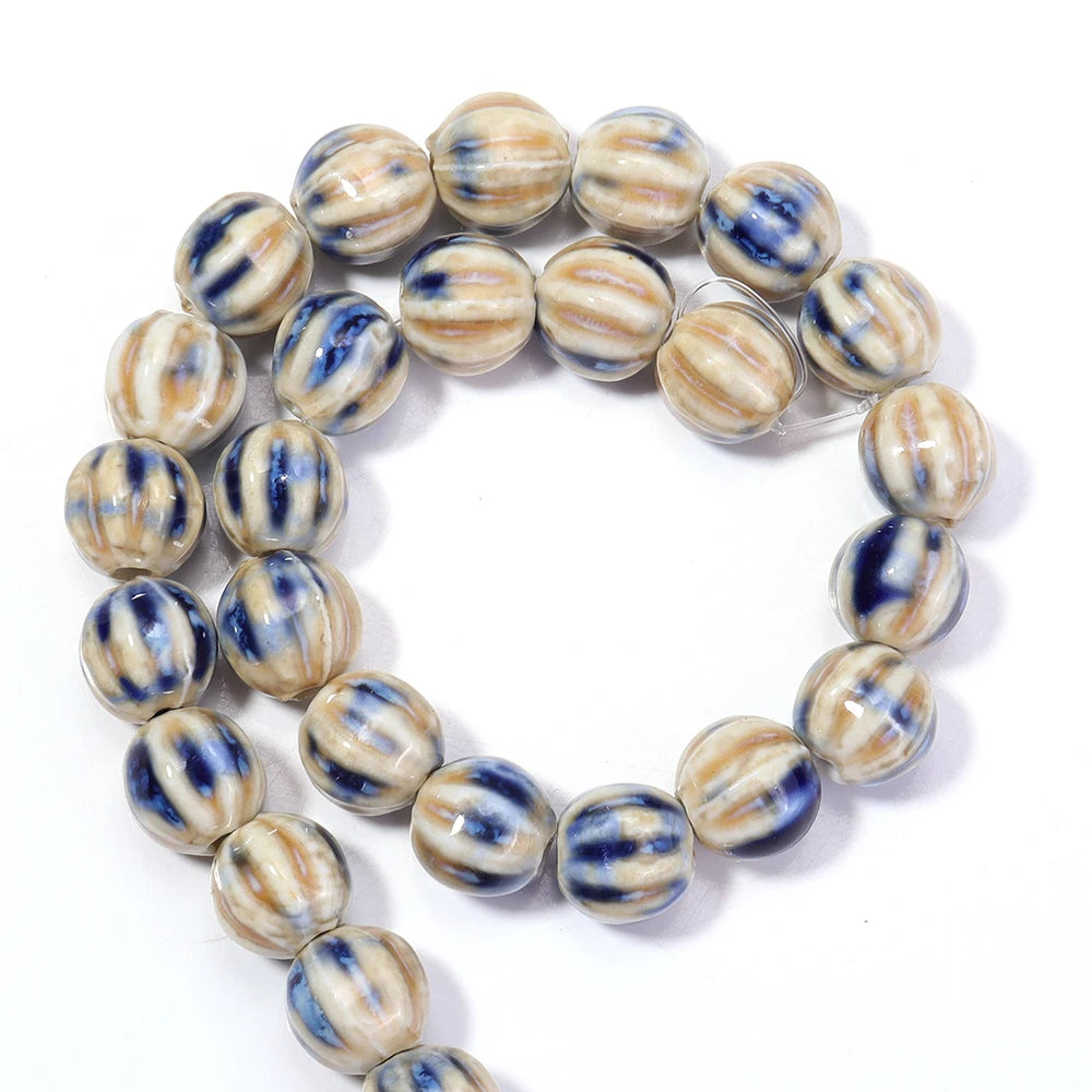 1 Strand Pumpkin Shape Stripe Ceramics Beads Colorful Floral Glaze Beads