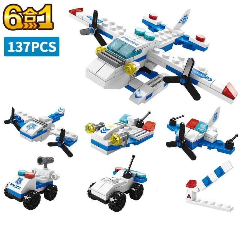 6in1 Police Sports Car Fire Engine Mini Loader Truck Plane Classic City Model