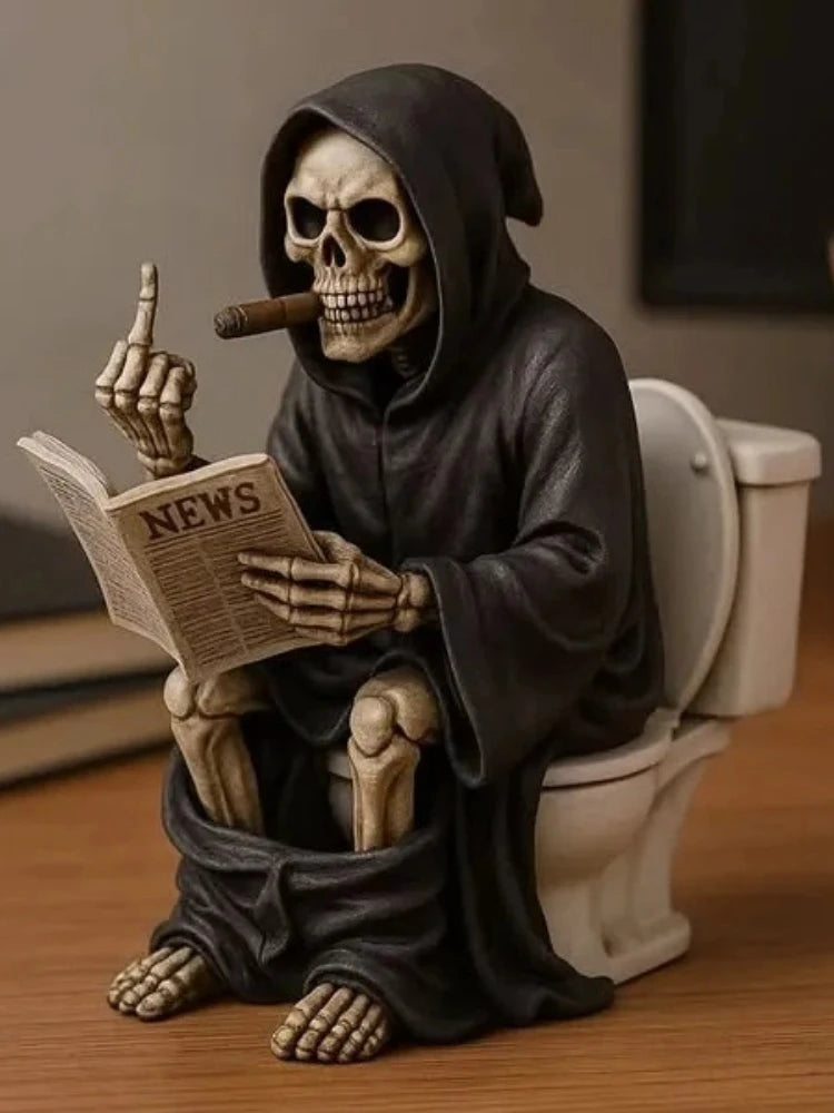 Halloween Toilet Grim Reaper Figurine Home Decor Resin Sculpture Middle Finger