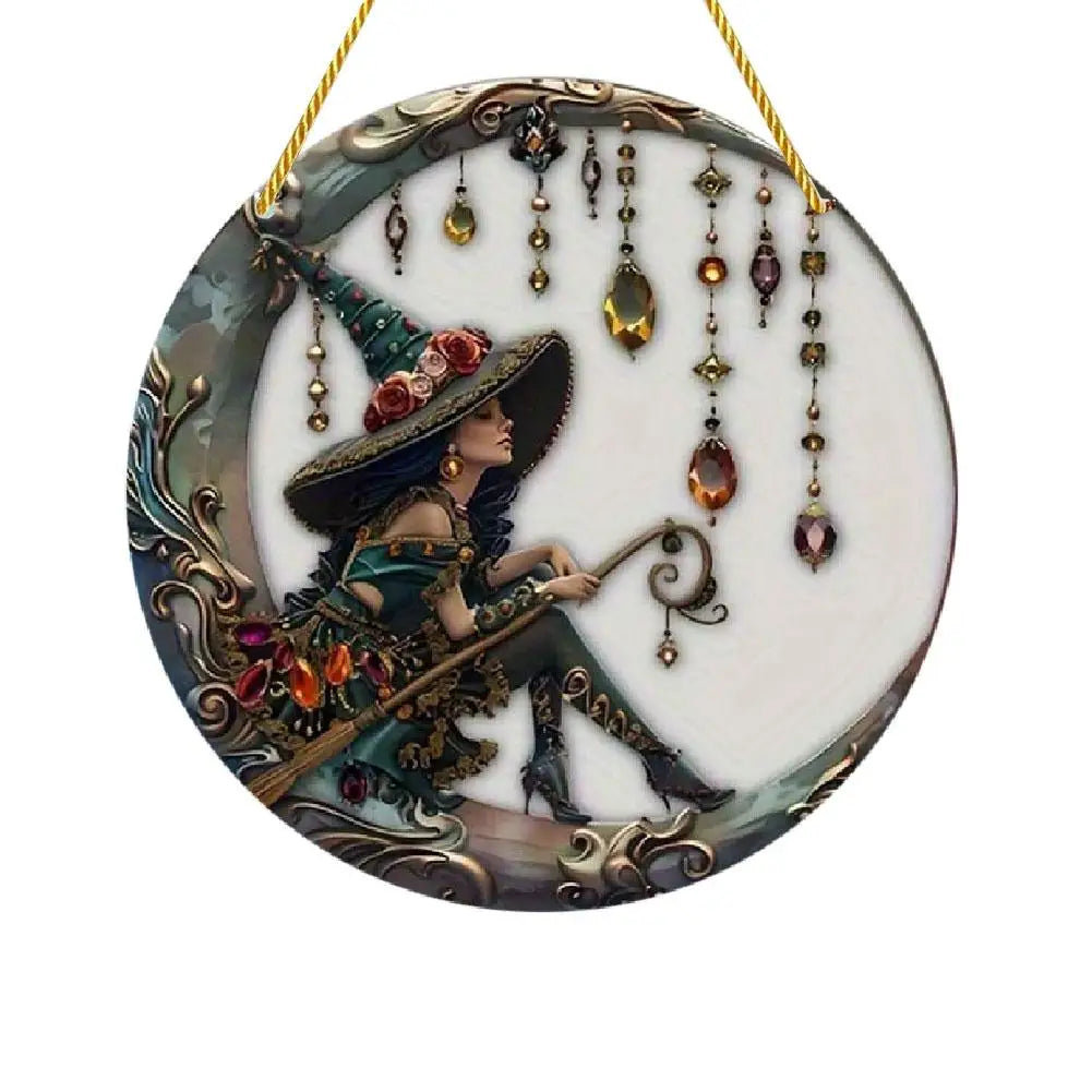 8x8 inch Charming Moonlight Witch Acrylic Stained Glass Window Hanging Sun