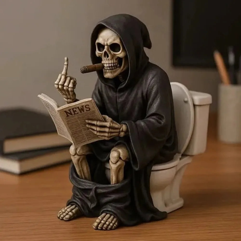 Halloween Toilet Grim Reaper Figurine Home Decor Resin Sculpture Middle Finger
