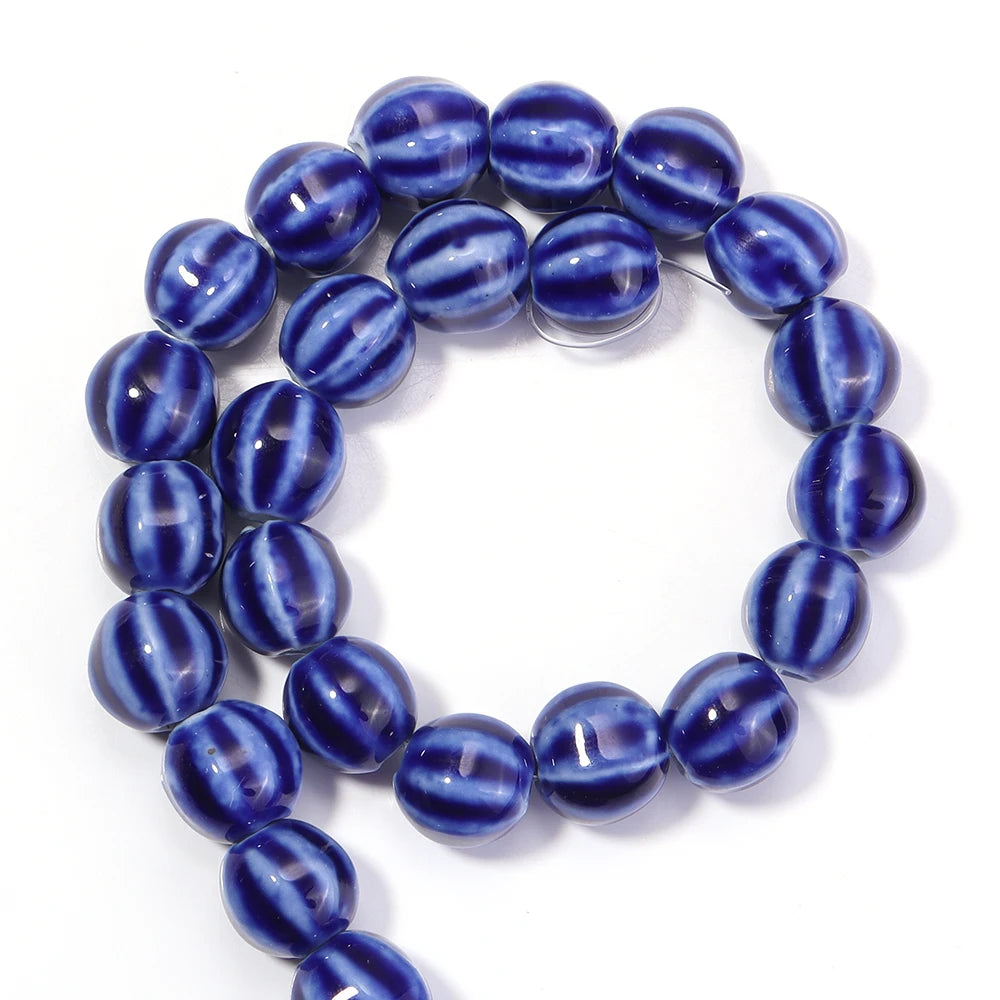 1 Strand Pumpkin Shape Stripe Ceramics Beads Colorful Floral Glaze Beads