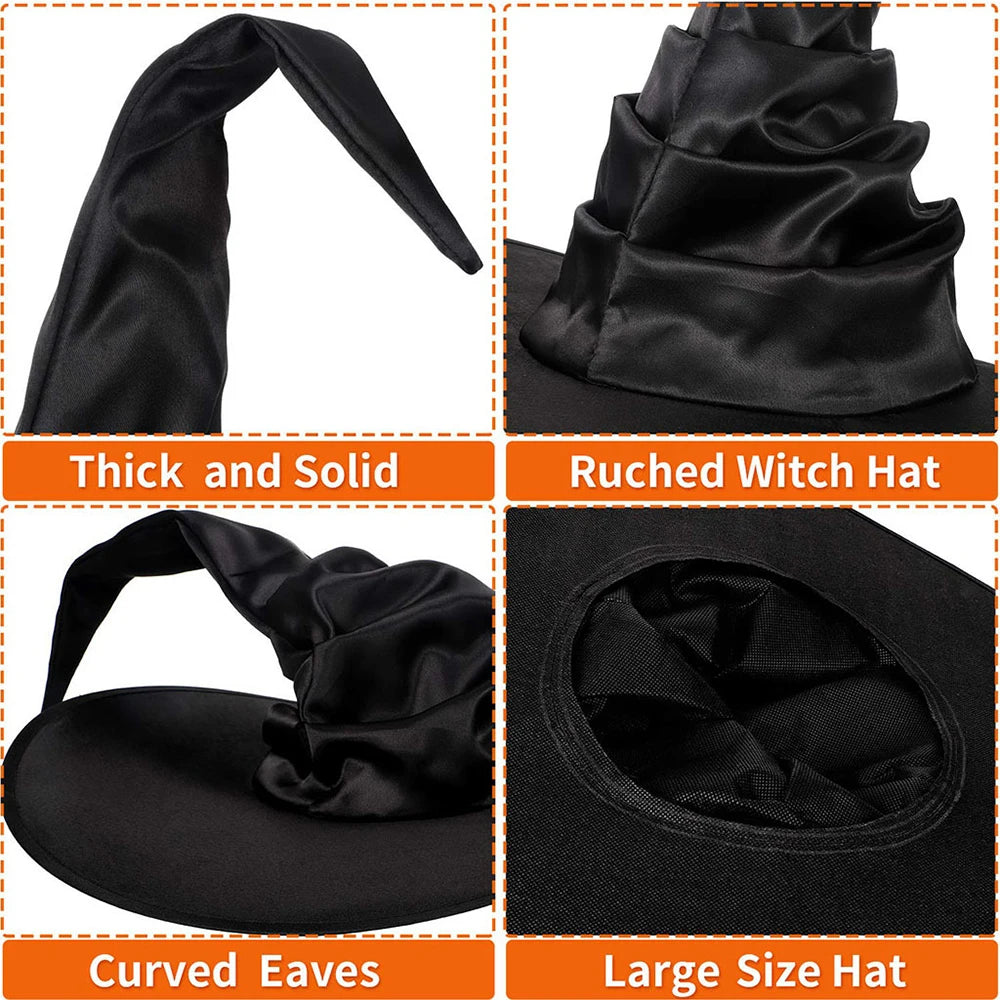 Halloween Witch Hat Black Folds Wizard Hats Women Men Masquerade Party Cosplay