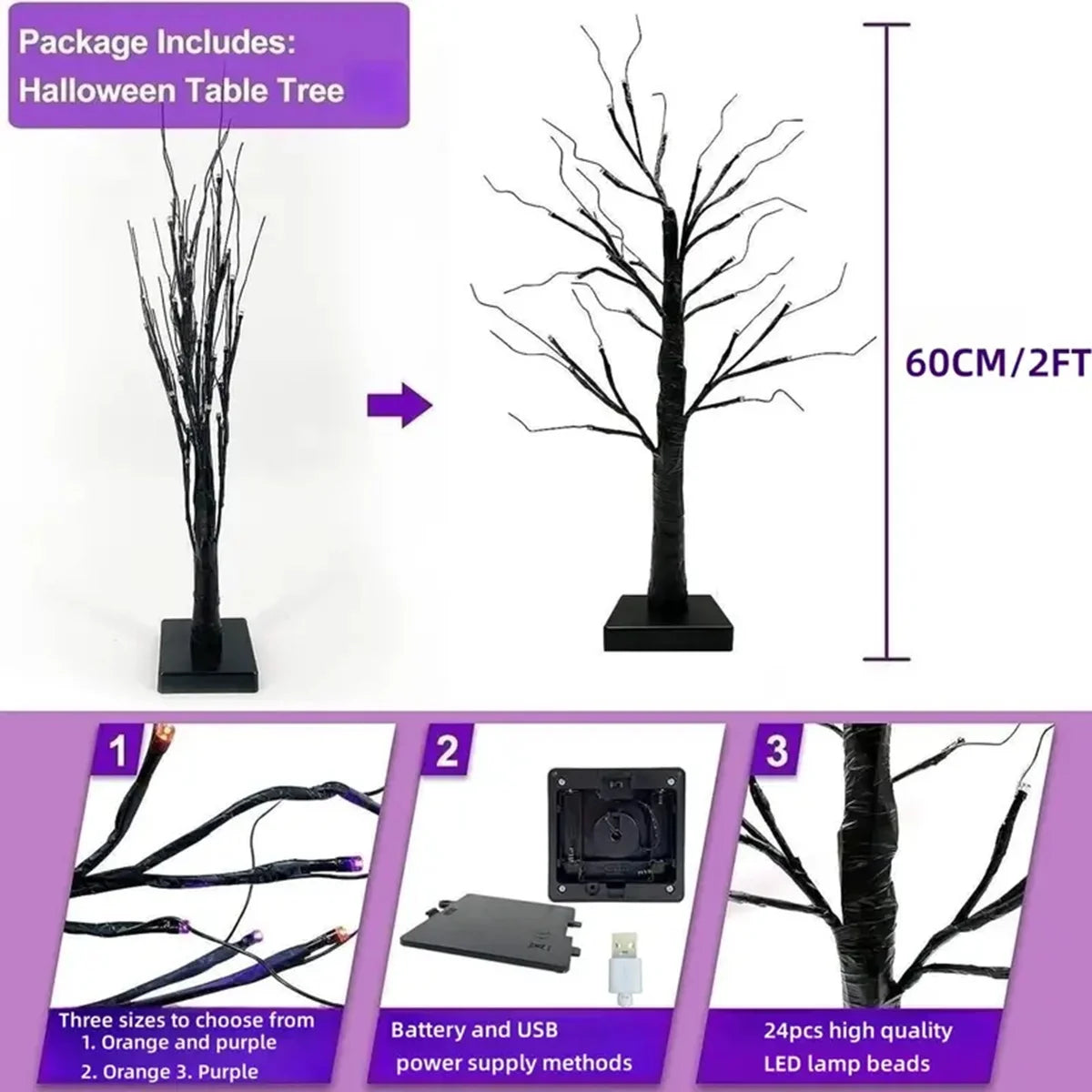 1pc 24 LED Orange And Purple Lighted Halloween Artificial Birch Tree Light DIY Black Branches Lights Tabletop Halloween Spooky