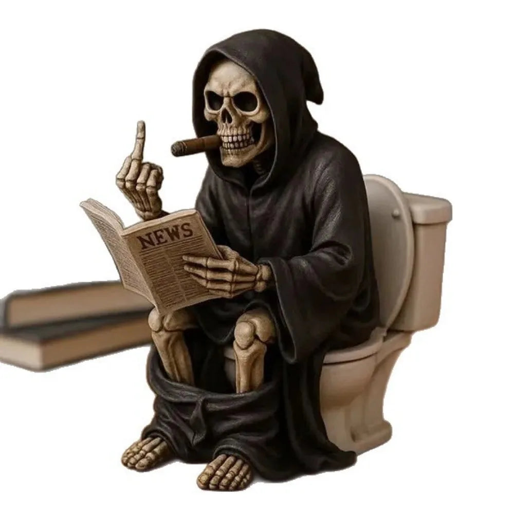 Halloween Toilet Grim Reaper Figurine Home Decor Resin Sculpture Middle Finger