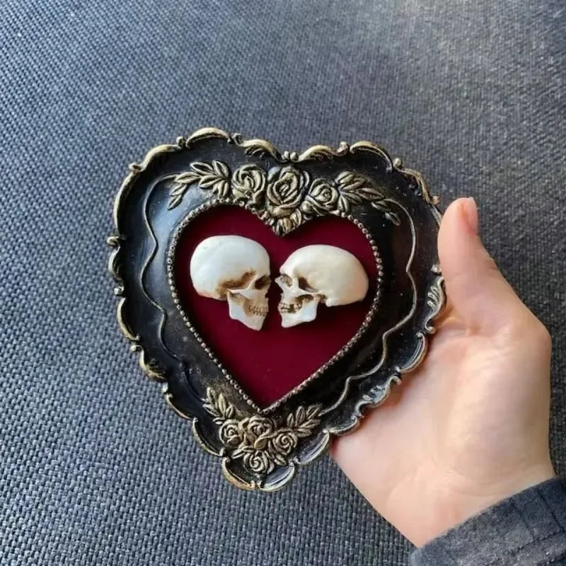 Framed Miniature Realistic Human Skulls Romantic Love Resin Skull Ornament