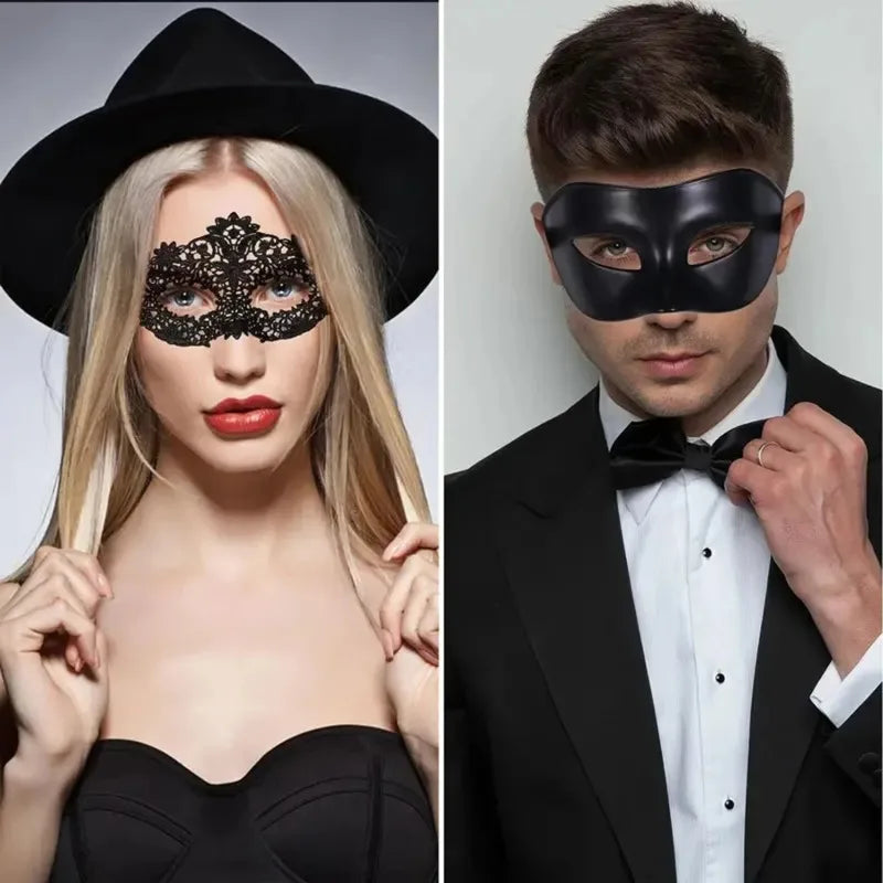 2pcs Elegant Black Lace Masquerade Mask Set Couples Venetian Party Mardi Gras