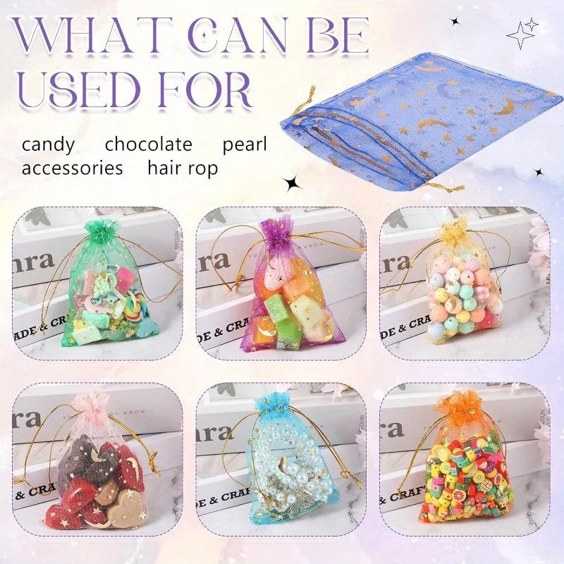 50PCS Moon Stars Drawstring Organza Bags Jewelry Gift Bags Pouches Gold