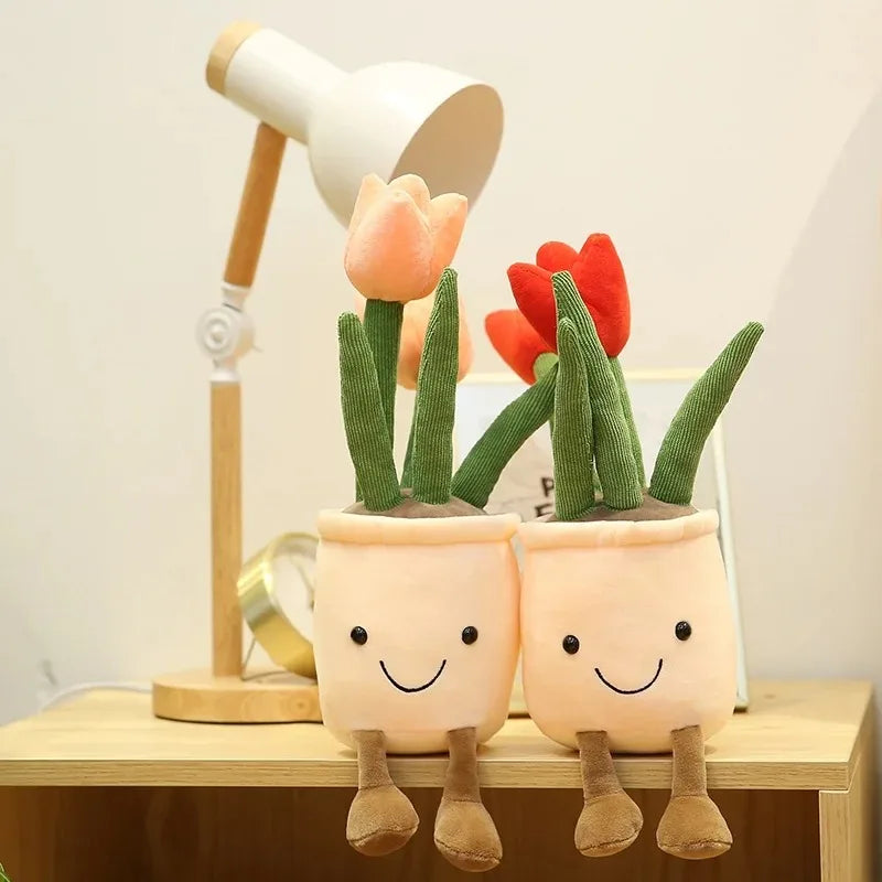 Lifelike Tulip Plant 33CM Plush Soft Stuffed Toys Potted Flower Bookshelf