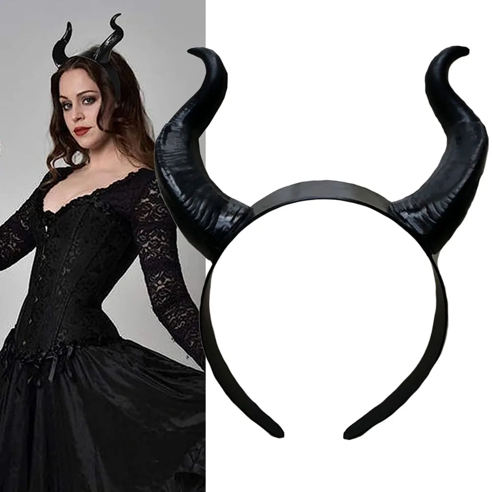 Women Black Queen Witch Demon Horns Headpiece Cosplay Animal Antelope Devil