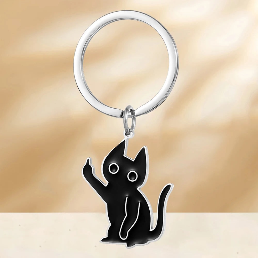 Stainless Steel Black Cat Keychain Durable Key Ring