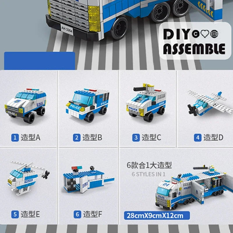 6in1 Police Sports Car Fire Engine Mini Loader Truck Plane Classic City Model