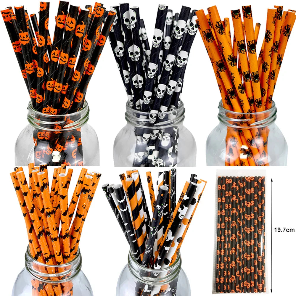 25 50 100pcs Halloween Theme Disposable Paper Straws Spider Skull Pumpkin