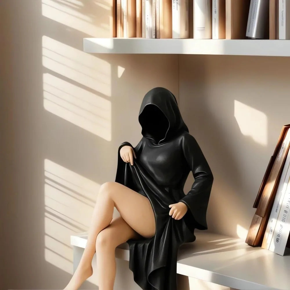 3D Mysterious Halloween Statue Gothic Black Robe Queen Figure Bookshelf Sculpture Spooky Sitting Statues Desktop Ornaments Gifts