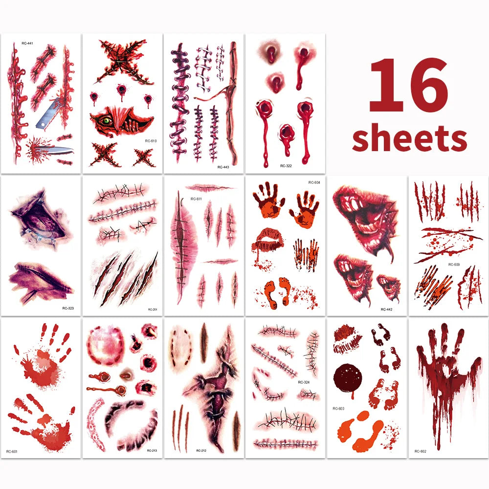 16 Pcs Halloween 3D Fake Scar Temporary Tattoos