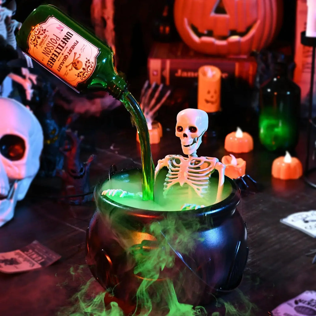 Halloween Witch Cauldron LED Light Fog Mist Maker Skeleton Decor Spooky