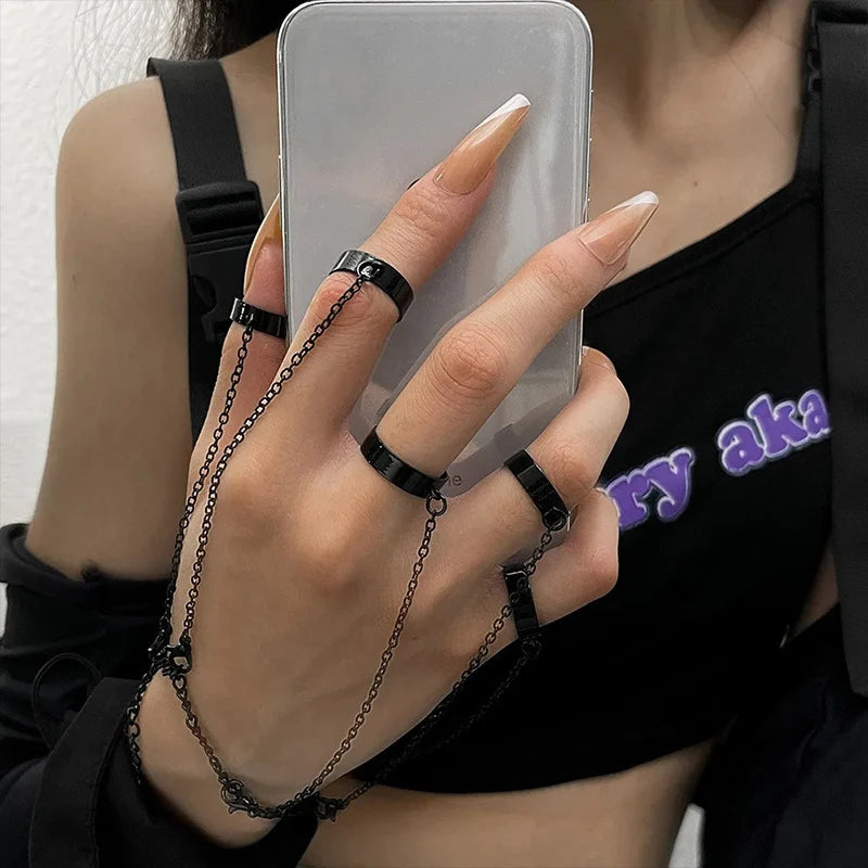 Punk Geometric Black Color Chain Wrist Bracelet Ring Women Men Open Ring