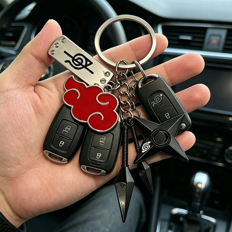 Anime Ninja Red Cloud Keychain Metal Kunai Shuriken Leaf Mark Headband