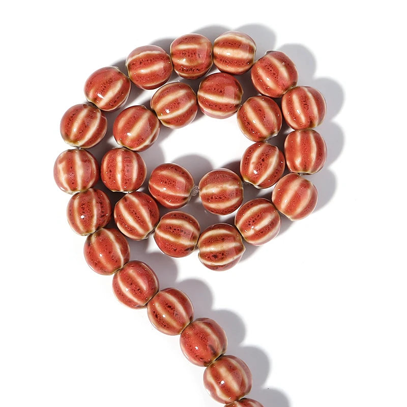 1 Strand Pumpkin Shape Stripe Ceramics Beads Colorful Floral Glaze Beads