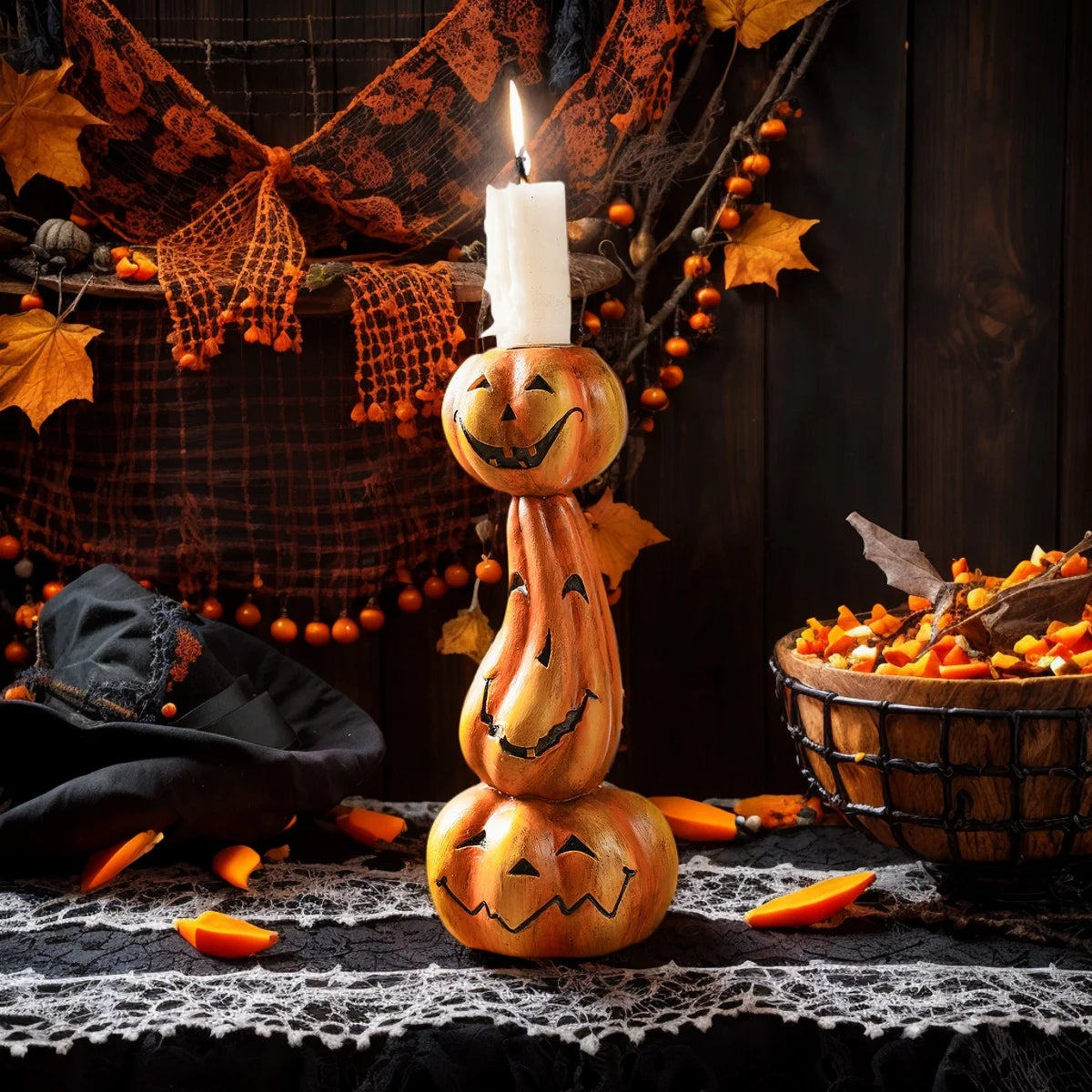 1PC Halloween Decor Retro Pumpkin Candlestick Resin
