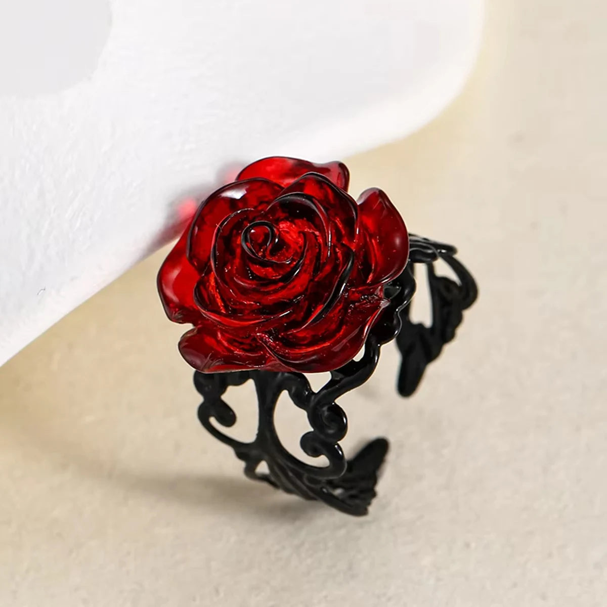 Punk Gothic Red Rose Ring Ornate Black Vine Witch