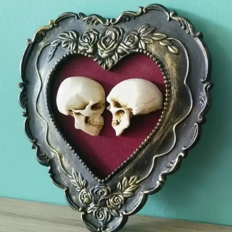 Framed Miniature Realistic Human Skulls Romantic Love Resin Skull Ornament
