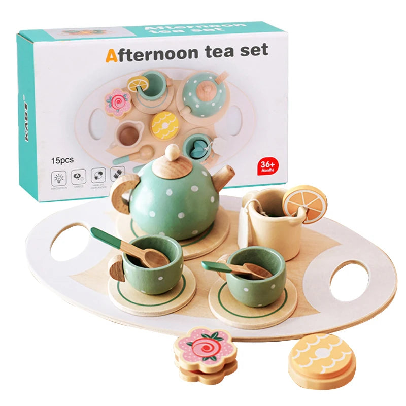 Kids Wooden Tea Set Play House Pretend Make Tea Teapot Teacup Afternoon